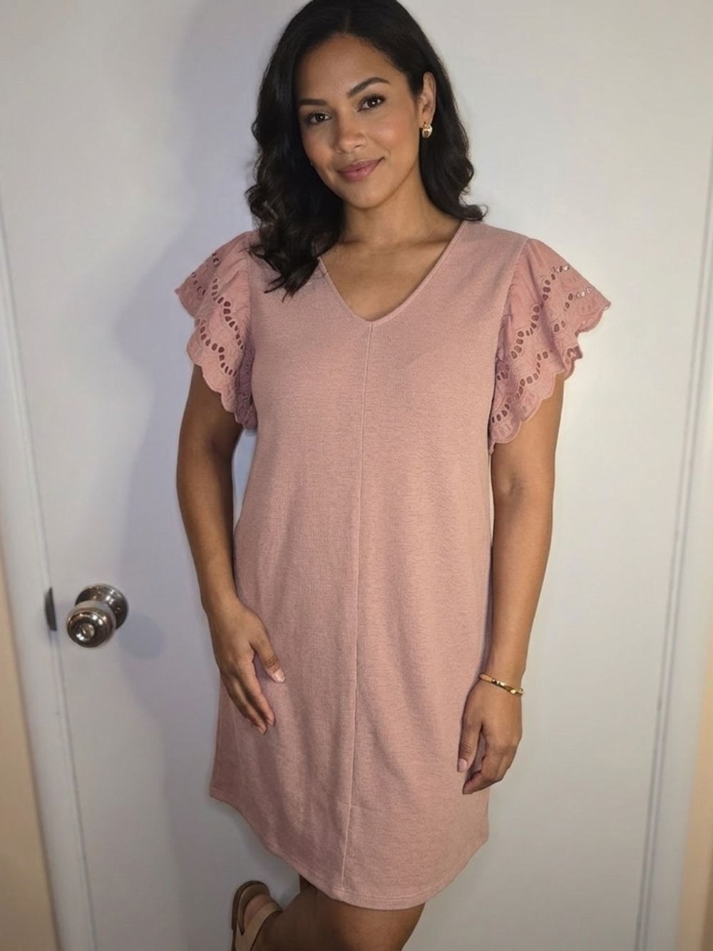 Women's Dusty Rose Midi Dress with Eyelet Flutter Sleeves 1XL
